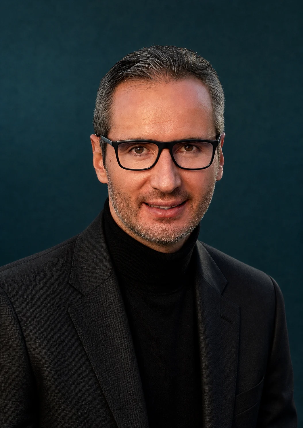 Retrato de Daniel Domínguez con americana negra y cuello alto