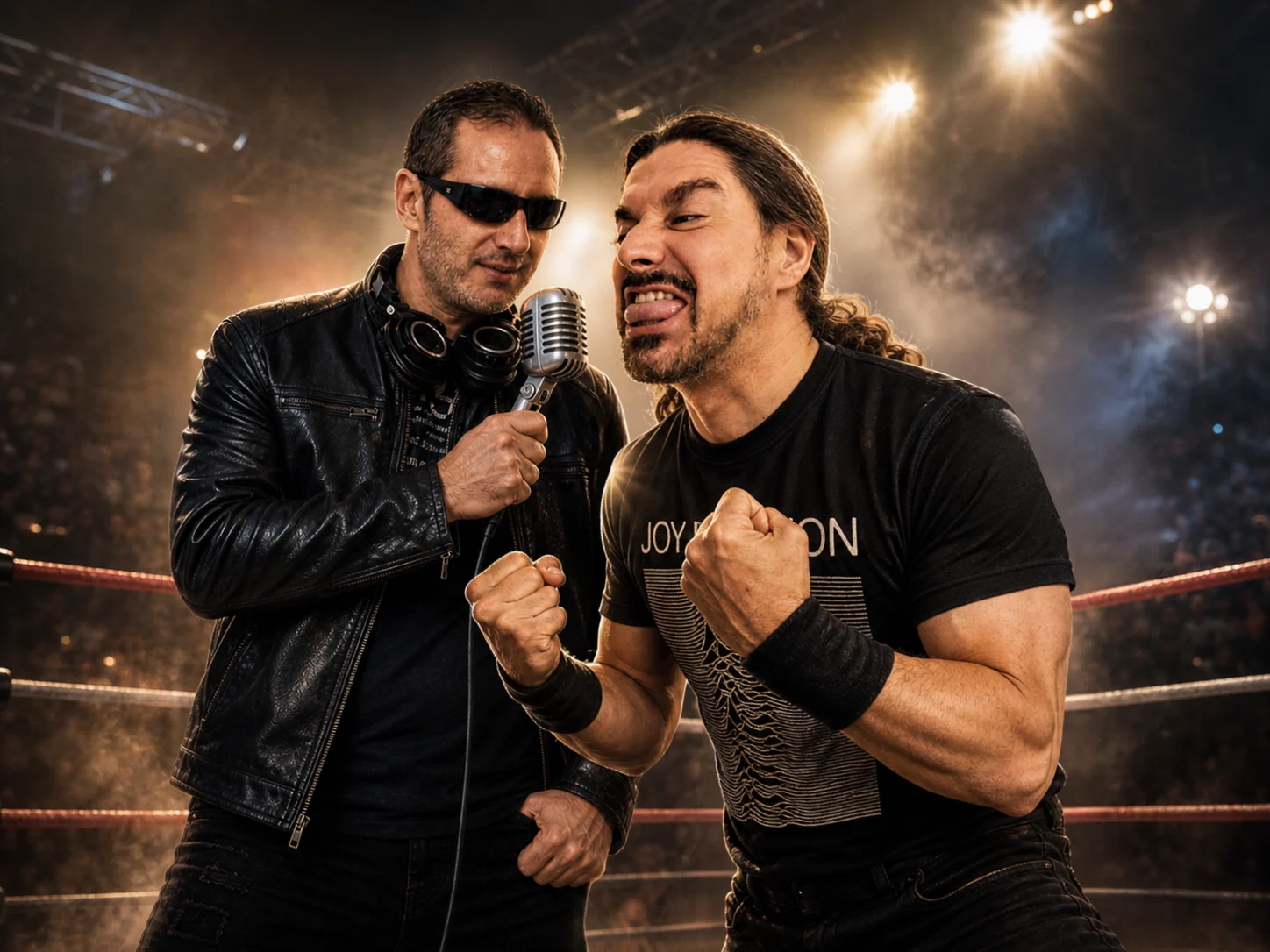 Daniel Domínguez con Jesús Báez en el ring de La Historieta Musical